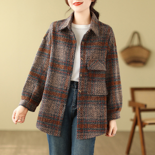 女士外搭叠穿衬衣秋冬2024年新款 小菲家 复古高级感毛呢格子衬衫