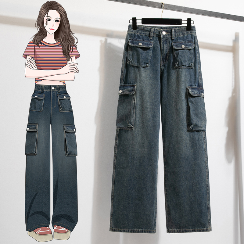 小菲家~工装牛仔裤洗水怀旧简约大码休闲中性宽松阔腿裤直筒裤女
