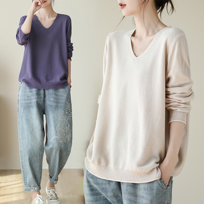 复古纯色打底毛衣V领宽松针织衫