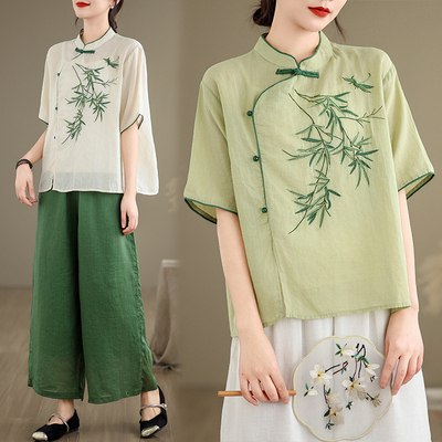 小菲家~新中式国风刺绣斜襟清冷禅意衬衫2024新款复古茶服上衣