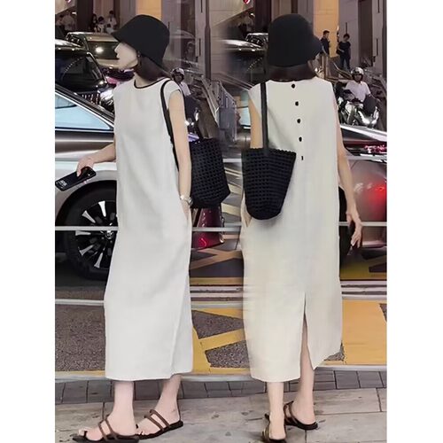 设计感小众后排扣棉麻无袖背心连衣裙女夏季宽松休闲直筒开叉长裙
