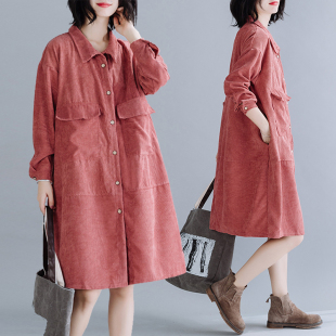 长袖 复古港味灯芯绒衬衫 中长款 宽松大码 衬衣外套潮 女2024秋冬新款