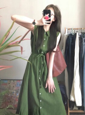 绿色无袖衬衫连衣裙女夏季新款设计感宽松显瘦系带收腰气质长裙子