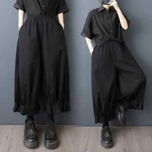 宽松遮肉灯笼裤 女黑色高腰休闲裤 子 阔腿九分设计感小众花苞裤 夏季