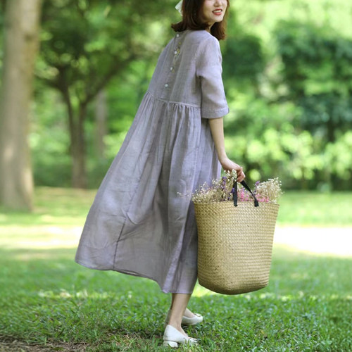 文艺苎麻刺绣圆领五分袖连衣裙女夏季宽松休闲度假风显瘦长款裙子