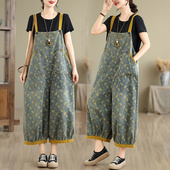 印花九分背带裤 小菲家 牛仔休闲大码 2025新款 女 夏季