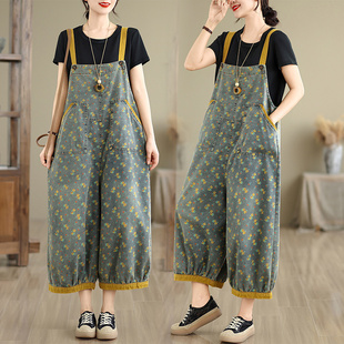 小菲家~夏季2025新款牛仔休闲大码印花九分背带裤女