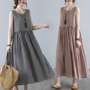 棉麻格子连衣裙女士收腰系带长裙无袖 宽松大码 背心裙 新款 2024夏季