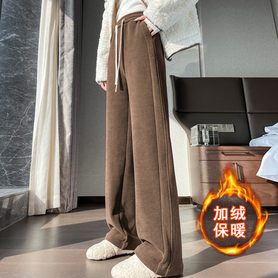 咖色加绒弯刀裤女雪尼尔阔腿长裤