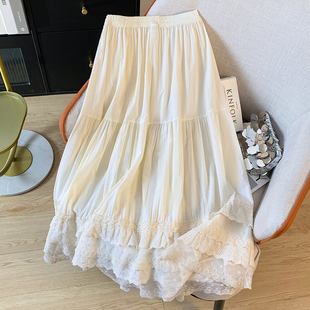 高级感镂空刺绣蕾丝花边拼接蛋糕裙女春秋高腰显瘦a字大摆半身裙