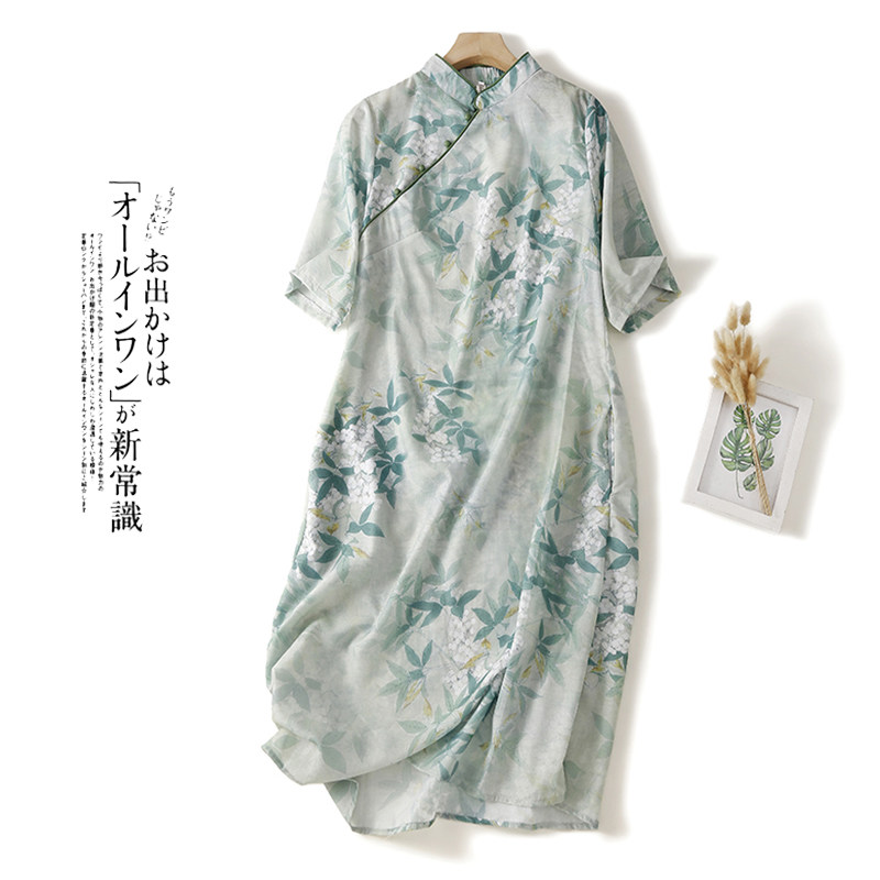 小菲家~夏款苎麻印花改良旗袍裙女中长款复古文艺盘扣立领连衣裙