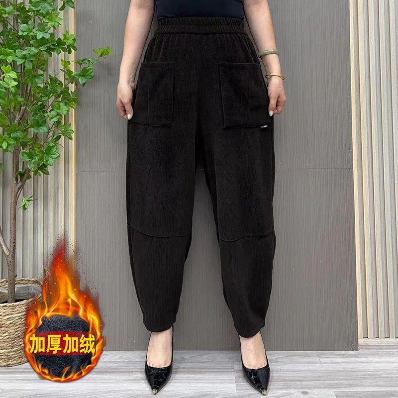 妈妈加绒裤子秋冬季外穿灯芯绒裤女中老年人加厚松紧高腰宽松保暖
