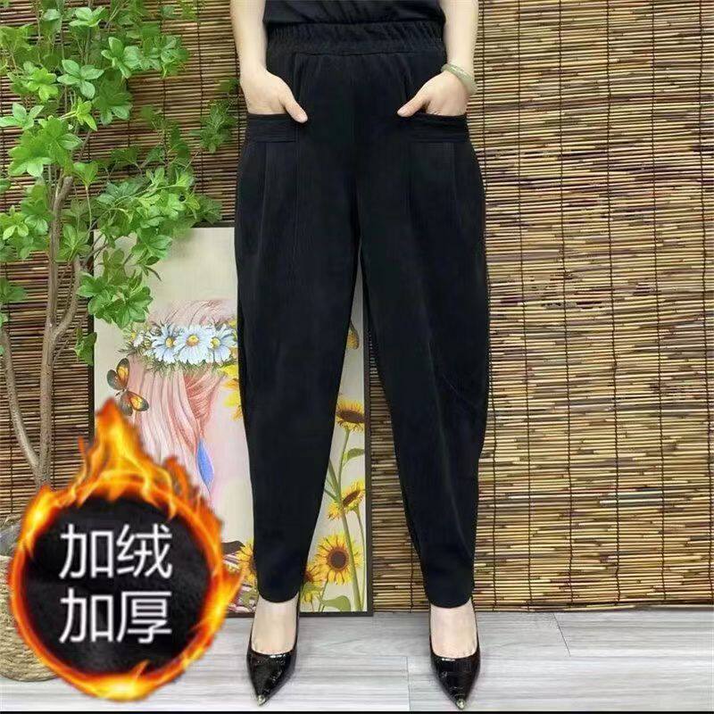 秋冬季文艺大码灯芯绒萝卜裤女新款加绒加厚保暖哈伦裤休闲条绒裤