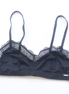 skin黑色蕾丝边三角杯文胸超薄无海绵大胸显小舒适女法式内衣