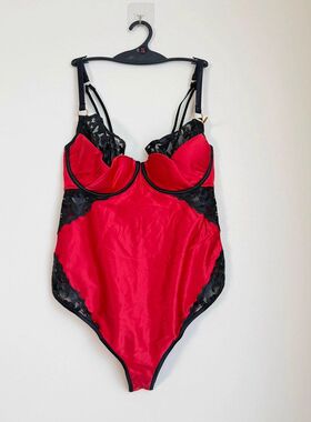 澳洲bras性感蕾丝边拼接连体衣女吊带透视红色内衣内搭