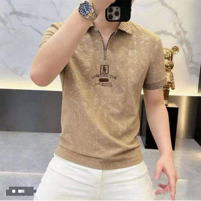 高端轻奢翻领POLO衫痞帅欧洲站冰丝短袖T恤男百搭刺绣老钱风上衣