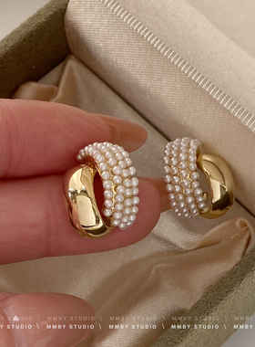 《珍珠米粒》气质高级感珍珠金属圆弧耳环轻奢小众百搭耳钉女耳夹