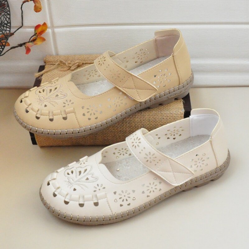 2025夏季网鞋女新款妈妈鞋老北京布鞋平底奶奶鞋透气仿皮鞋软底鞋