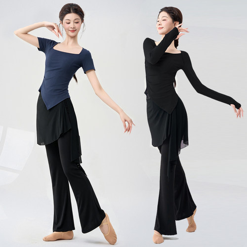 现代舞蹈服套装练功服女夏季短袖形体服上衣教师古典舞斜角演出服