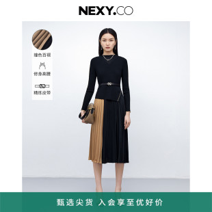 新款 NEXY.CO 奈蔻长袖 针织连衣裙女2023冬季 收腰百褶裙