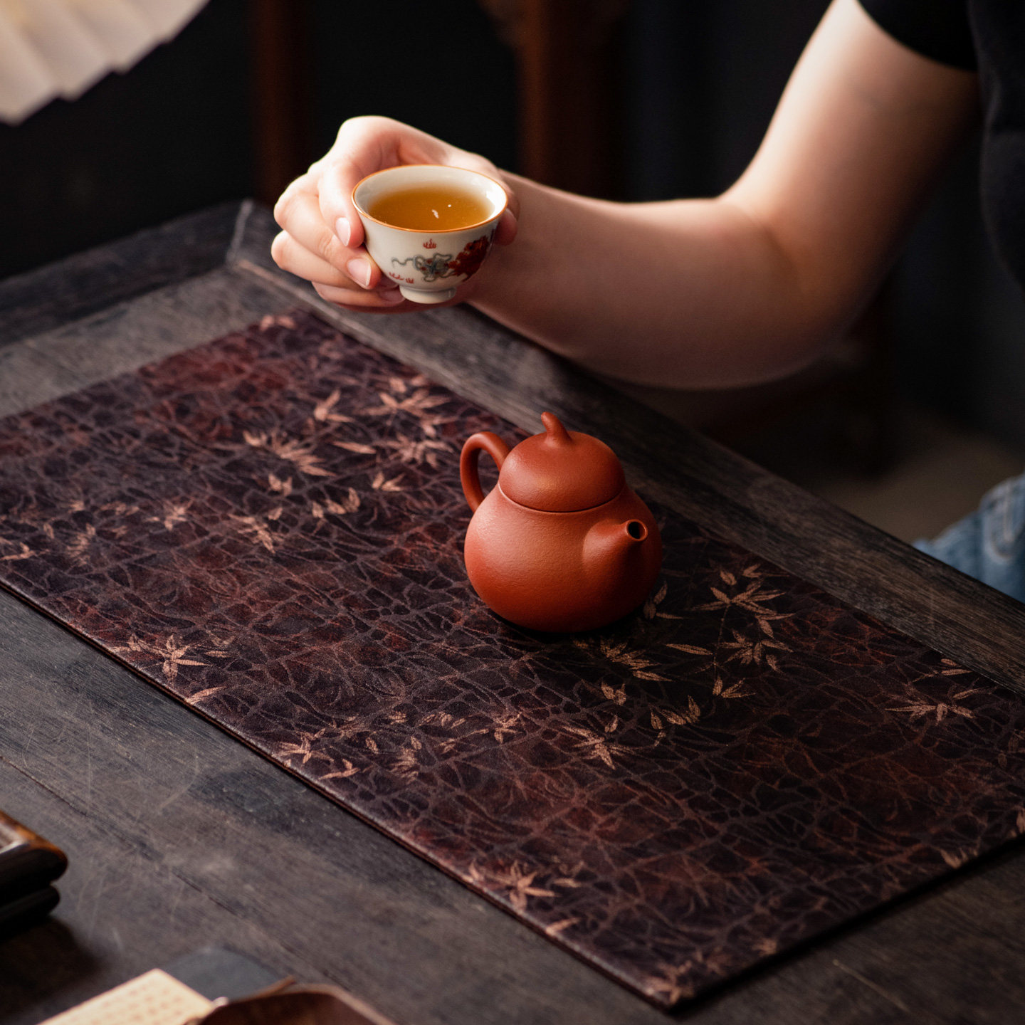 新中式香云纱龟裂纹暗竹复古茶席布艺茶道垫茶艺布垫小茶案桌旗垫