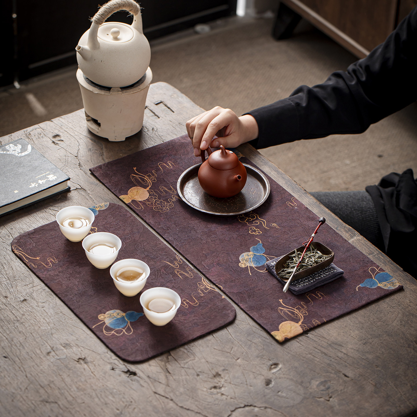 老料香云纱茶席双面古朴茶桌垫中式禅意茶几桌旗姹寂茶杯垫壶垫