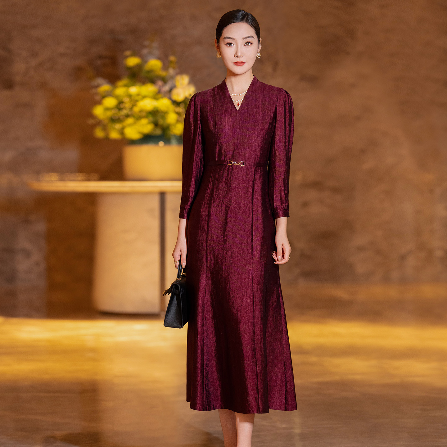 酒红气质喜婆婆婚宴装a字礼服裙