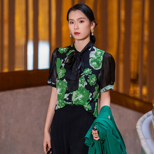 复古绿花缎面雪纺衫女飘带领短袖印花衬衫名媛风气质上衣