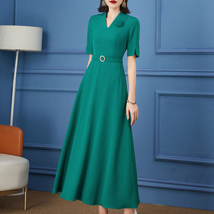 新款 纳绎绿色连衣裙女2025夏季 洋气气质高级感遮肚子显瘦大摆裙子