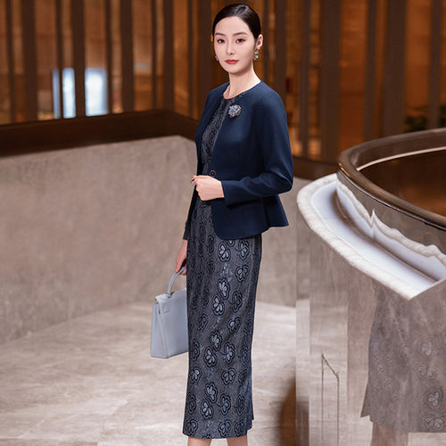 气质复古蓝色蕾丝连衣裙两件套裙