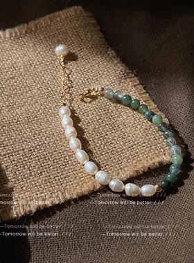 小众轻奢绿色水草石淡水珍珠手链女手作复古高级感法式气质手饰