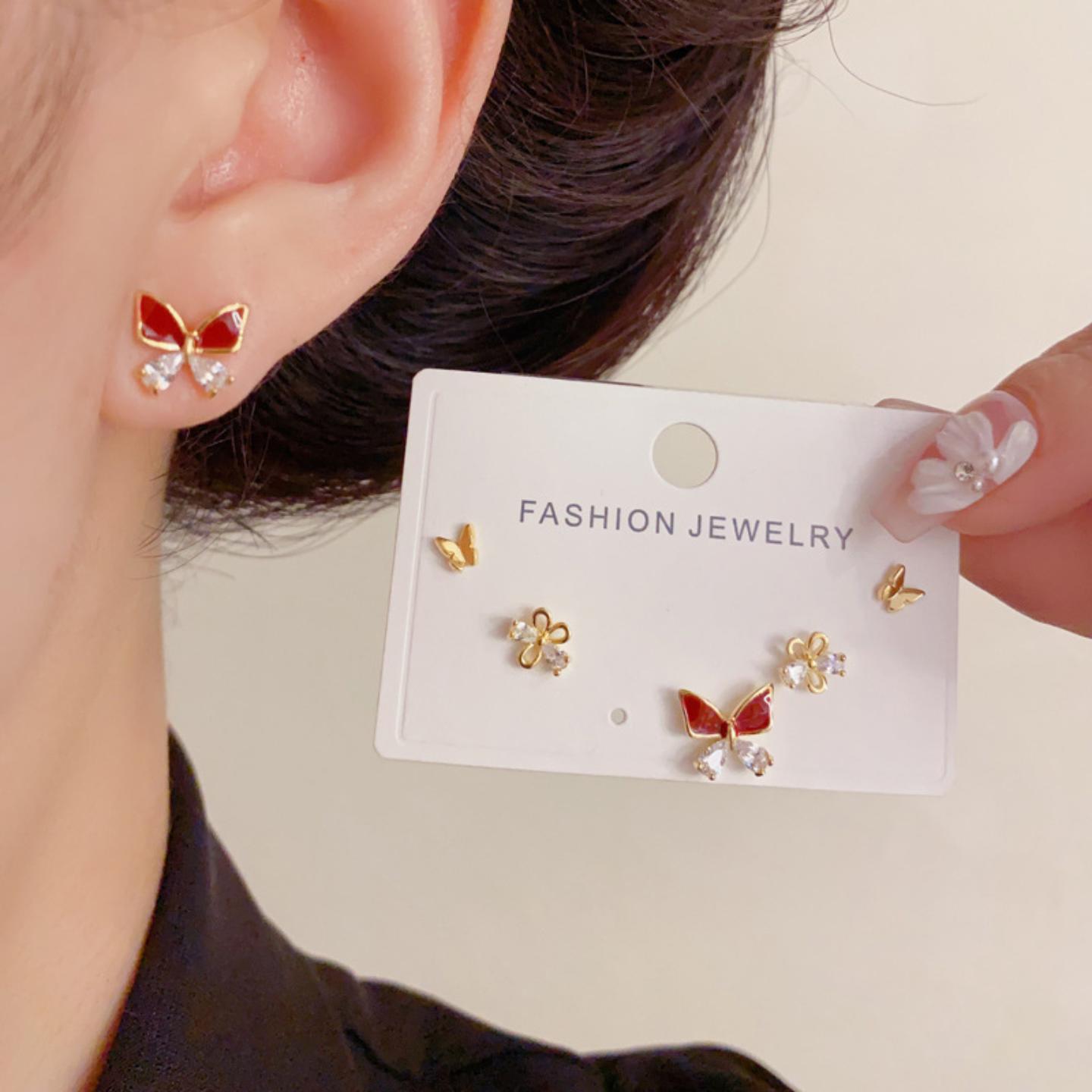 法式时尚简约镶钻拼色红色蝴蝶