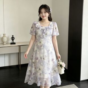 300斤肥婆遮肚子藏肉显瘦胖mm加肥加大码200斤妈妈雪纺短袖连衣裙