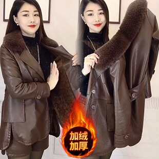 爆款皮衣女中长款2025秋冬新款加绒加厚气质西装领机车皮风衣外套