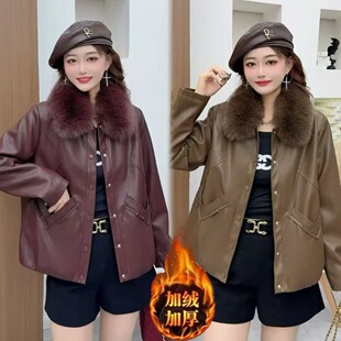 爆款加绒皮衣女士加厚短款外套2025秋冬装时尚棉服大毛领皮棉袄子
