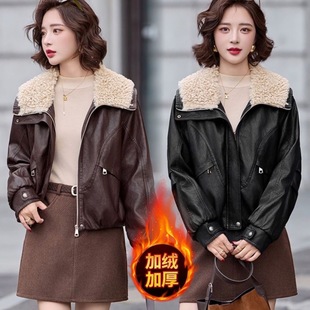 2025秋冬网红新款 加绒皮衣外套女韩系减龄羊羔毛大翻领PU皮毛一体