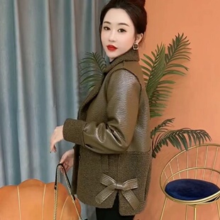皮毛一体外套女24秋冬新款气质显瘦百搭羊羔毛蝴蝶结加厚大码上衣