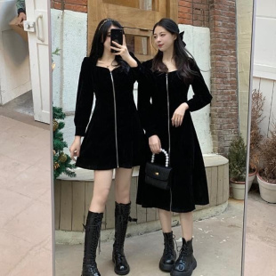 显瘦中长款 胖妹妹mm小黑裙内搭修身 A字裙气质黑色连衣裙 女装 大码