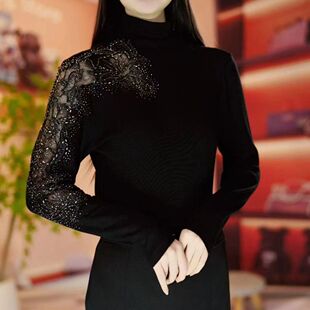 2025早春新款烫钻半高领打底衫中年女士百搭保暖时尚长袖小衫上衣