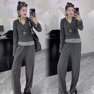 欧洲站2024早秋新款时尚三件套装女吊带背心+连帽t恤+直筒拖地裤
