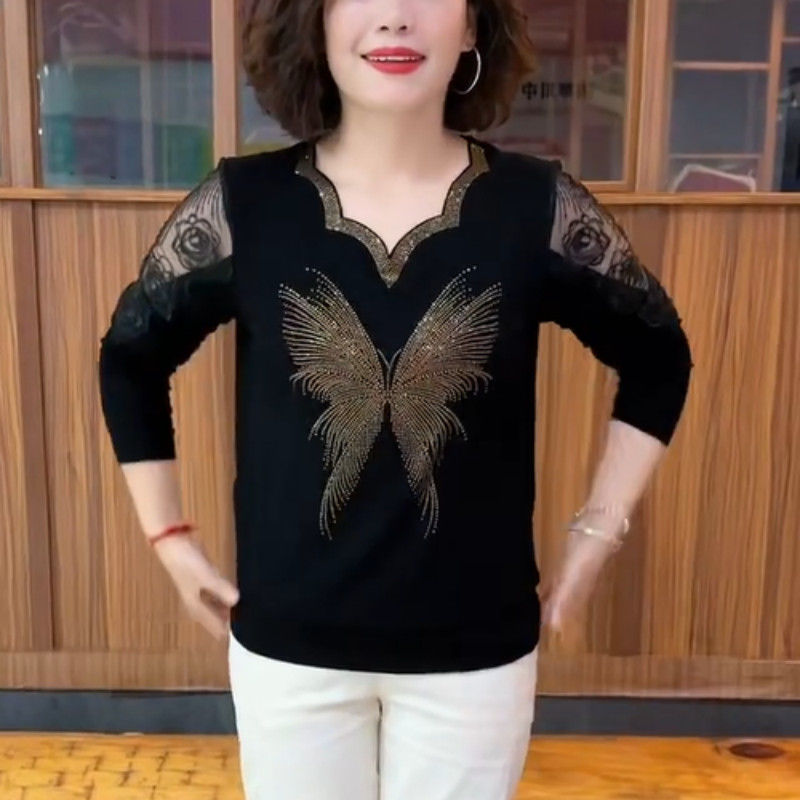 秋季新款时尚百搭蕾丝烫钻洋气长袖打底衫显瘦气质小衫妈妈装上衣