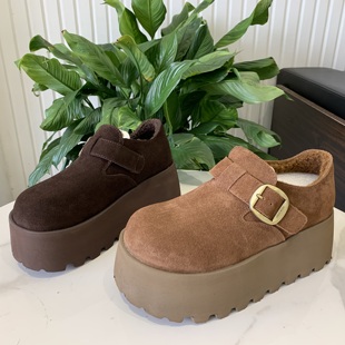 圆头小个子套脚懒人毛毛鞋 爆款 女2025冬季 真皮加绒厚底增高勃肯鞋