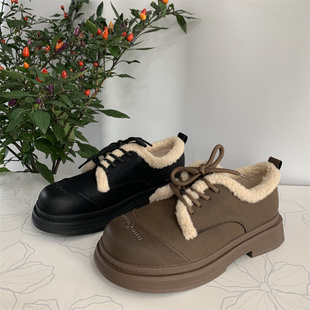 2024冬季新款真皮乐福鞋加绒制服鞋平底系带学院风小皮鞋女单鞋棉
