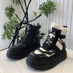 2024冬季 真皮厚底马丁靴女羊毛绑带机车短筒棉靴保暖雪地靴潮 新款