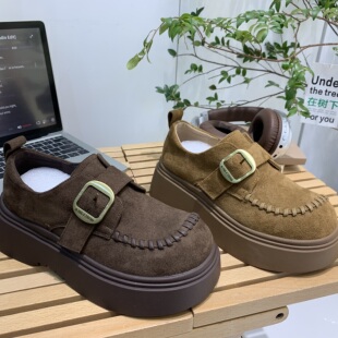 复古绒面勃肯鞋女2026春季新款圆头厚底乐福鞋皮带扣增高女单鞋