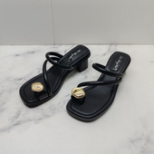 工厂清仓2024夏季 粗跟高跟真皮日常百搭女凉拖鞋 新款 套趾人字拖鞋