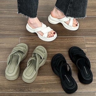高级感网红百搭凉鞋 厚底凉拖鞋 2024新款 女夏季 休闲一字拖 时尚