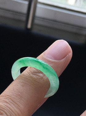 缅甸翡翠高冰种阳绿色玉指环戒圈女款细条戒14号老种a货冰绿17mm