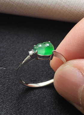 珠宝翡翠冰种满绿色玉葫芦戒指18K金镶嵌钻石玉戒14号老种a货17mm