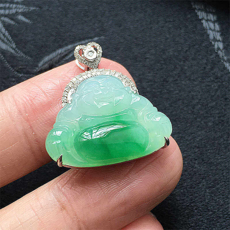 缅甸翡翠冰种飘阳绿色玉佛吊坠老种a货冰绿佛公18K金镶嵌女款佛